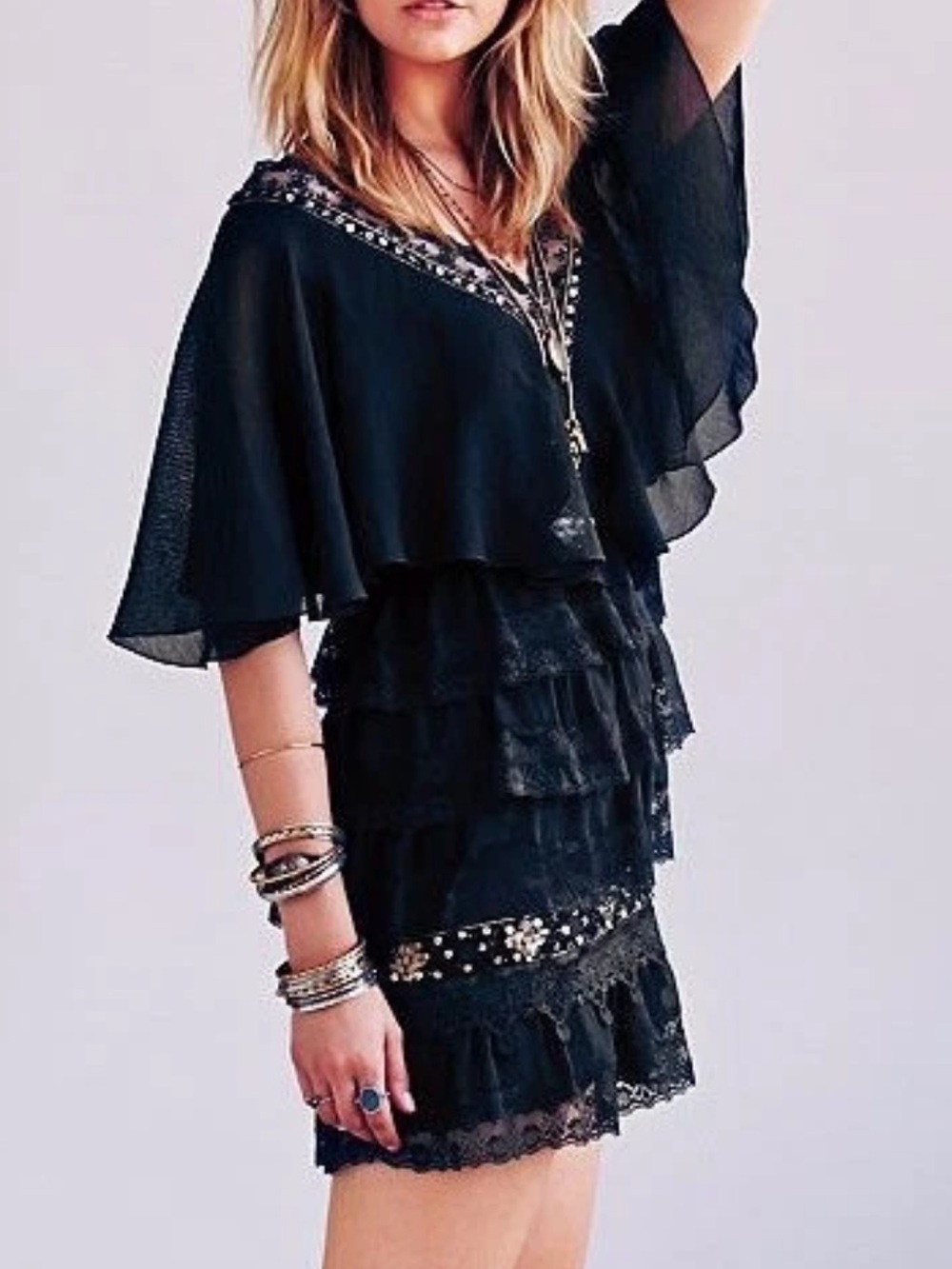 Free People Tiered Lace Capelet Mini Dress Black Sequin Embellished Size 8